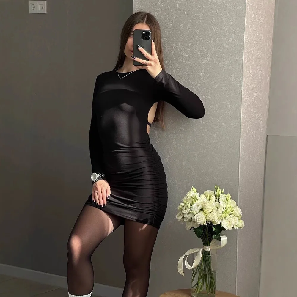 أوروبا والولايات المتحدة فتاة ساخنة الرياح الظهر جوفاء فستان بأكمام طويلة الإناث جولة الرقبة مثير ضئيلة طويلة الورك تنورة الإناث #3