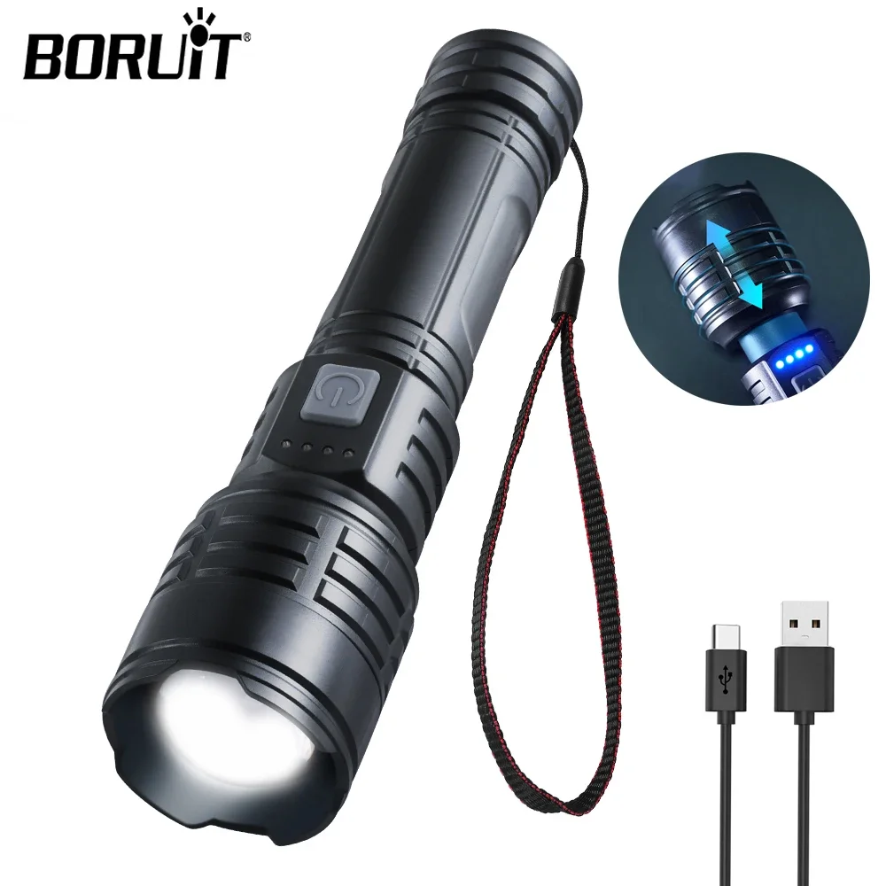 BORUIT Portable Flashlight Variable Focus Dual Lighting Type-C Rechargeable LDC EDC Camping Fishing Outdoor Waterproof Work Lamp