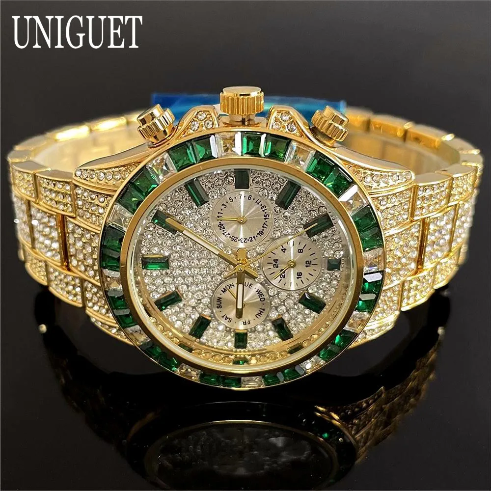 UNIGUET Fashion Watch For Mens Luxury Gold Quartz Watches Man Hip Hop Green Iced Diamond Jewelry Wristwatch Reloj Dropshipping