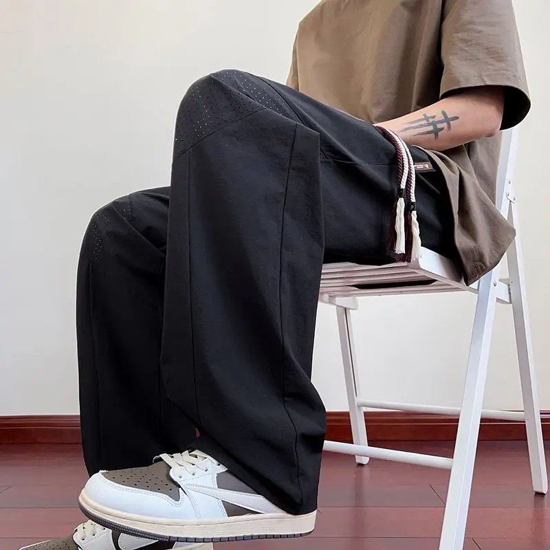 Ice Silk Quick Dry Breathable Wide Leg Pants Men's Trendy Thin Mesh Splice Drape Loose Straight Sport Casual Pants Men