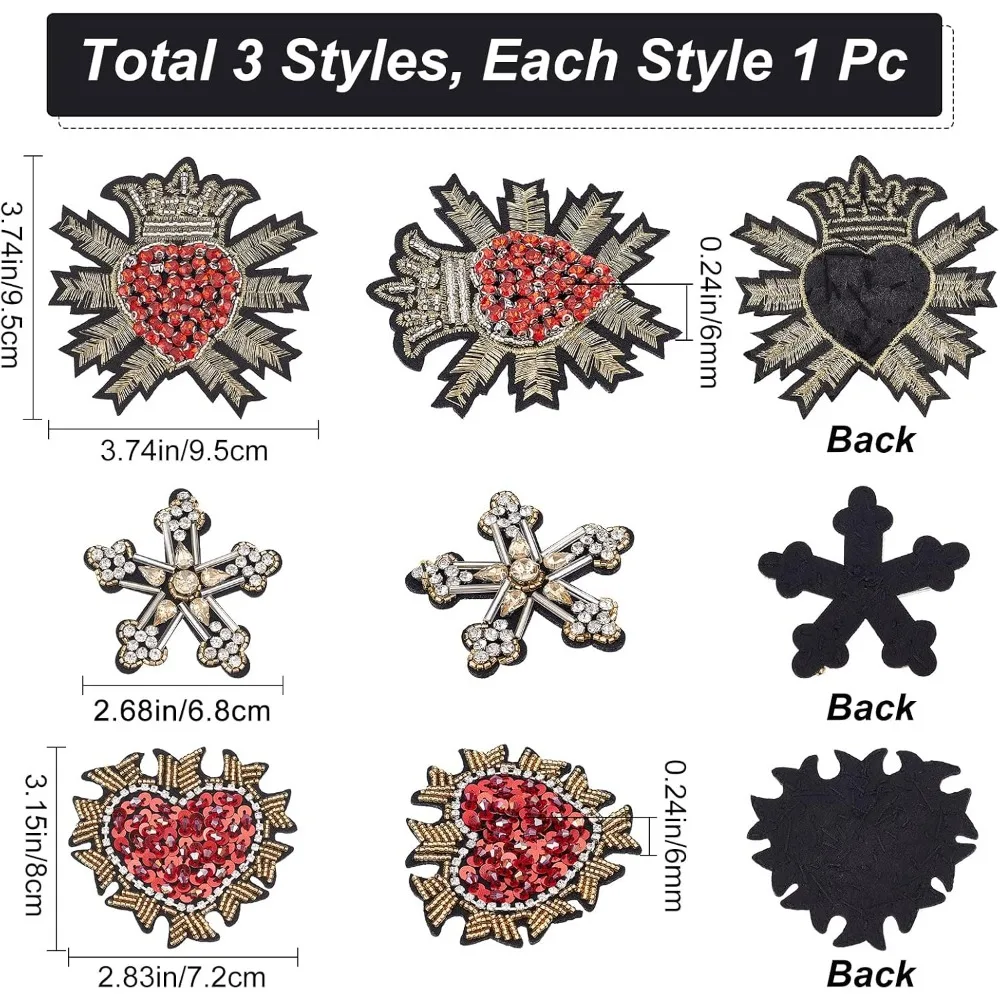 3PCS Sewing Applique Badges Patches Woven Fabric Rhinestone Heart & Star & Heart with Crown Ornament Accessories for making kit