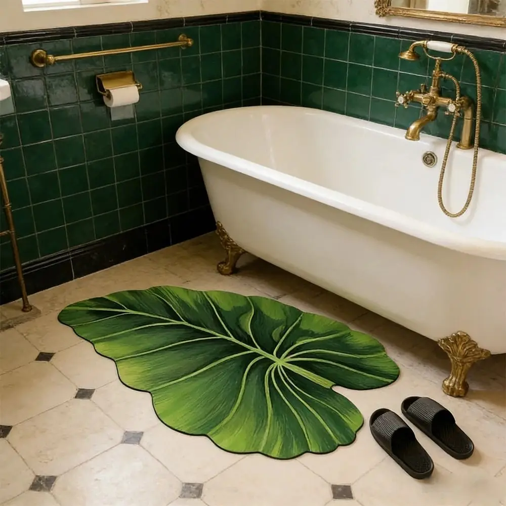 Diatom Mud Material Diatomite Floor Mat Green Leaf Pattern Easy To Clean Non Slip Doormat Slip Resistant Base Entryway Door Mat