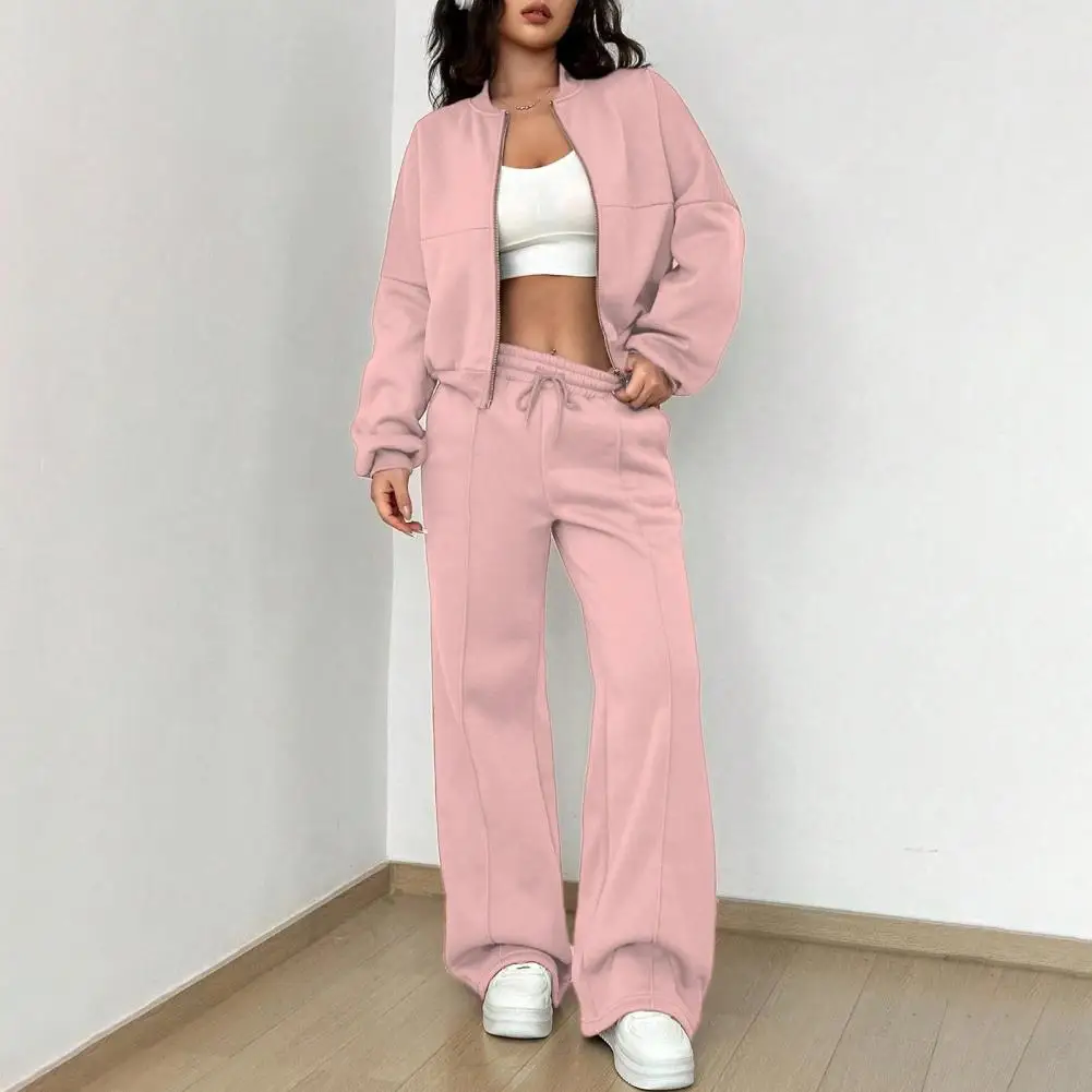 

Casual Women Two-piece Suit Elastic Waist Wide-leg Trousers Set Women's Sporty Tracksuit Set with Stand Collar Jacket for Active