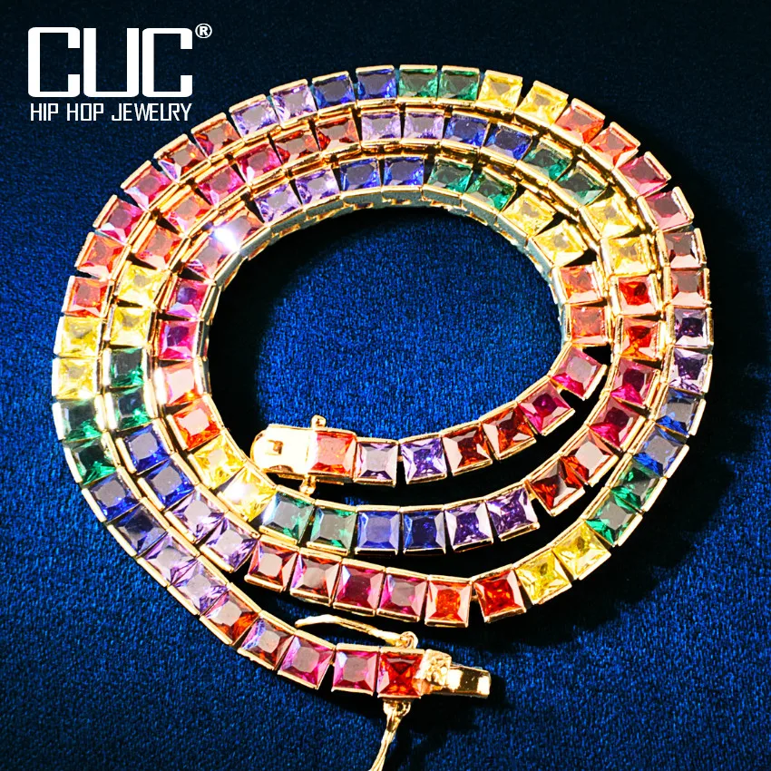 

CUC Square Colored Zircon Tennis Chain One Row Necklace Choker For Men Women Hip Hop Jewelry Personalized Gift