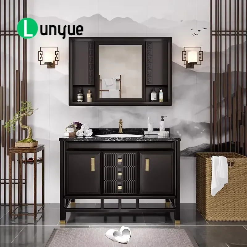 New Chinese Style Solid Wood Marble Countertop Bathroom Vanity Set with Intelligent Mirror High Temperature Baking Paint