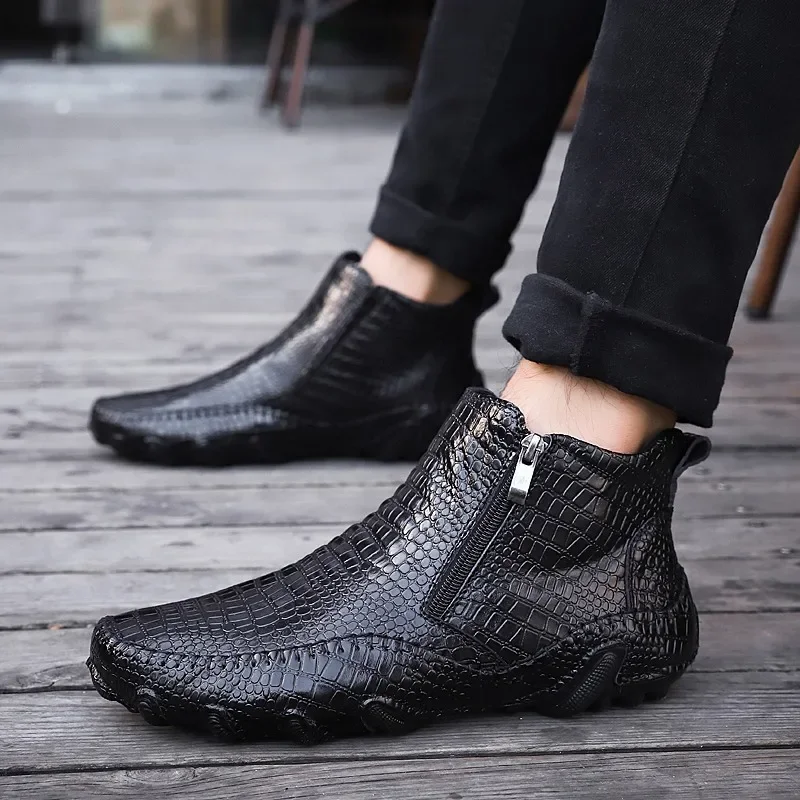 

Classic Genuine Leather Spring Men's Boots Plush Warm Platform Men's Snow Boots Punk Outdoor Motorcycle Boots New Man Work Shoes