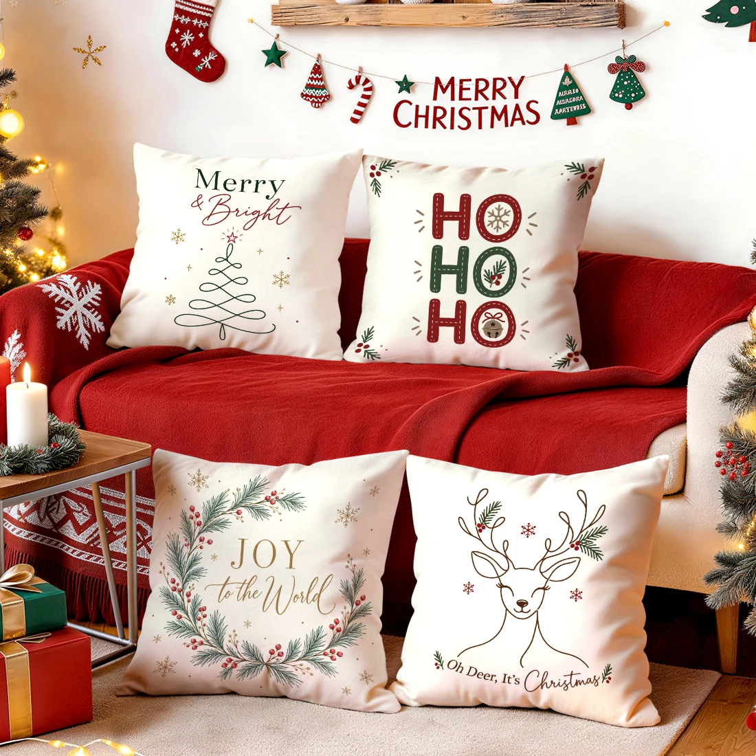 1/4pcs Simple Lines Christmas Text Cushions Pillowcase Polyester Cushion Cover Throw Pillow Pillowcover Home Car Sofa Decor