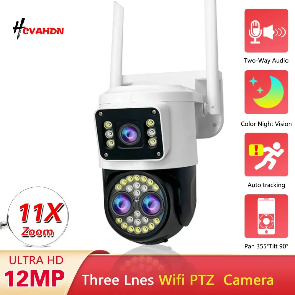

12MP 6K WiFi IP Camera Outdoor PTZ Three Lens Dual Screens 10X Zoom Auto Tracking Human Waterproof 4K CCTV Security Protection