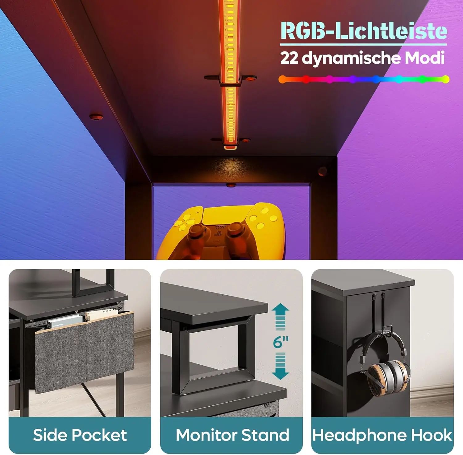 Small L Shaped Desk With Led Lights, 42 Reversible Computer Desk With Open Storage Cabinet & Monitor Stand, Corner Desk With