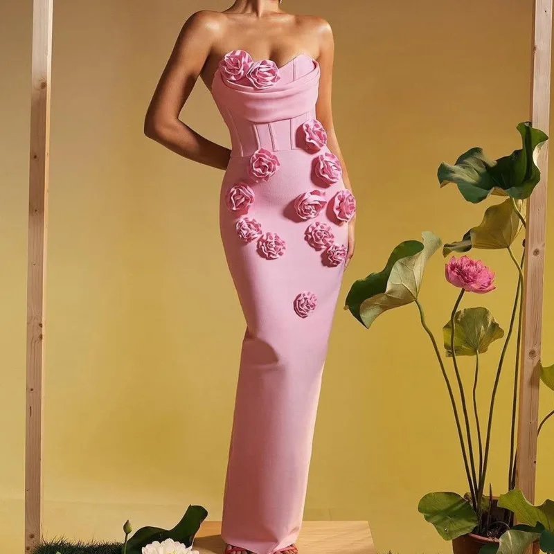 EAEOVNI Elegant Partyชุดยาวผู้หญิง 3Dดอกไม้Spliced SlashคอBackless Slimชุดราตรี 2025 เสื้อผ้าใหม่