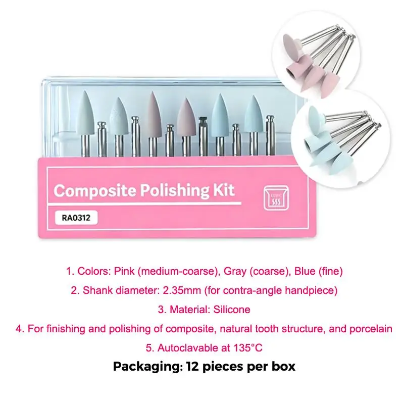 12Pcs/box RA 2.35mm Silicone Polishing Kit For Polishing Resin Porcelain Composites With Low-Speed Handpiece Laboratory Tool