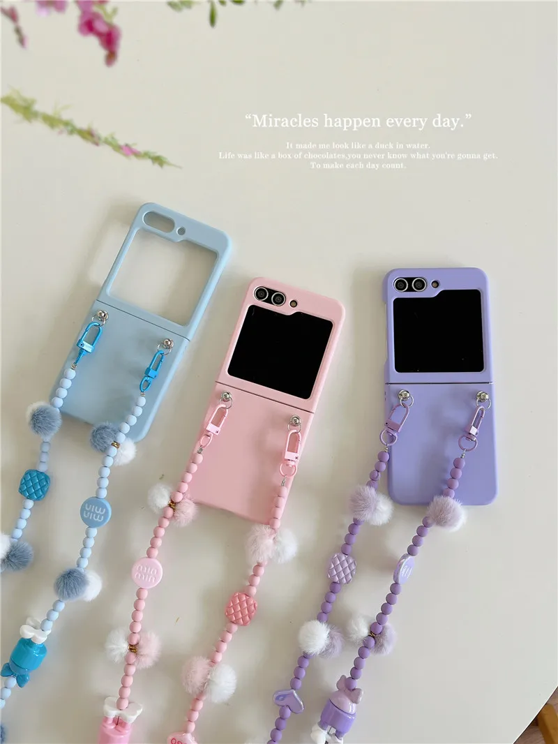 Cute Crossbody Chain Phone Case For Samsung Galaxy Z Flip 3 4 5 Matte PC Shockproof Cover Case For Samsung Z Flip5 ZFlip5