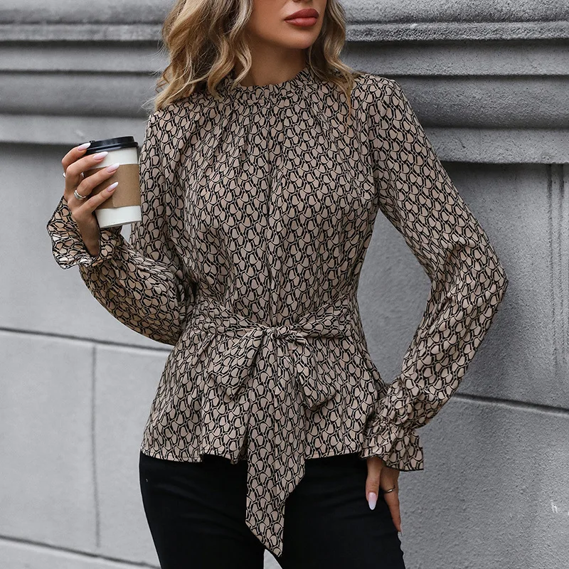 Women\'s Clothing 2023 Autumn and Winter New Lace Up Round Neck Long Sleeve Fashion Print Versatile Commuter Temperament Pullover