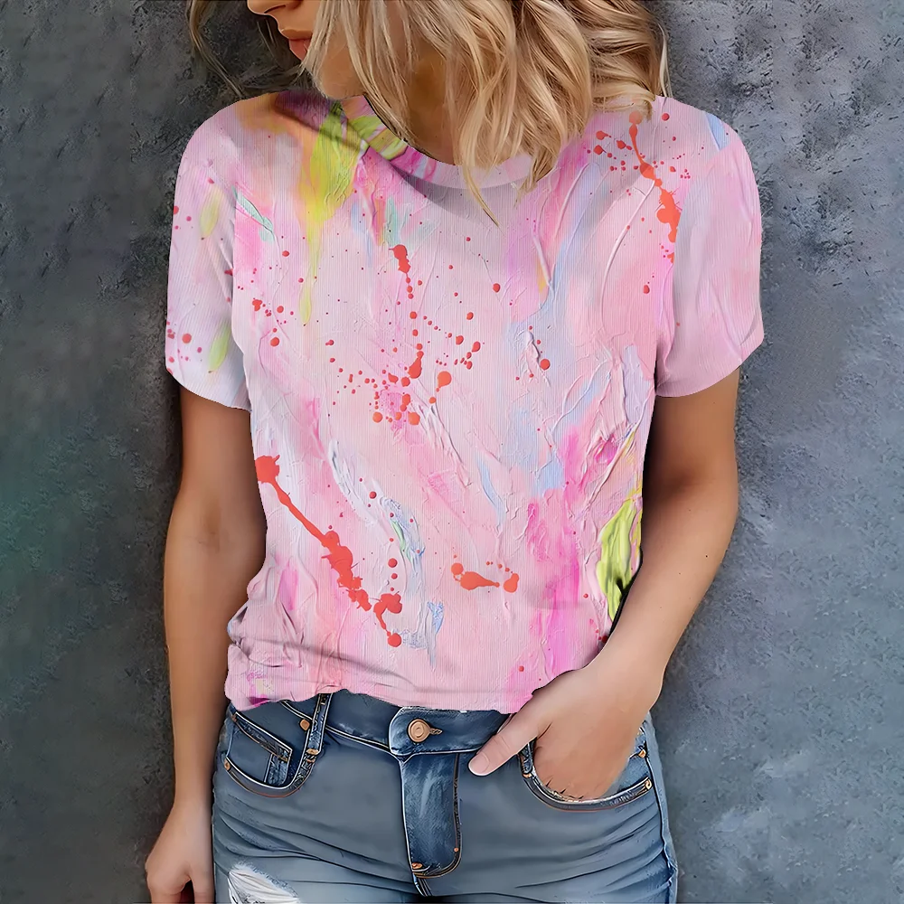

Women's Pink Multi Color Splash Printed T-shirt - Summer Fashion Casual Style Comfortable Round Neck Short Sleeve