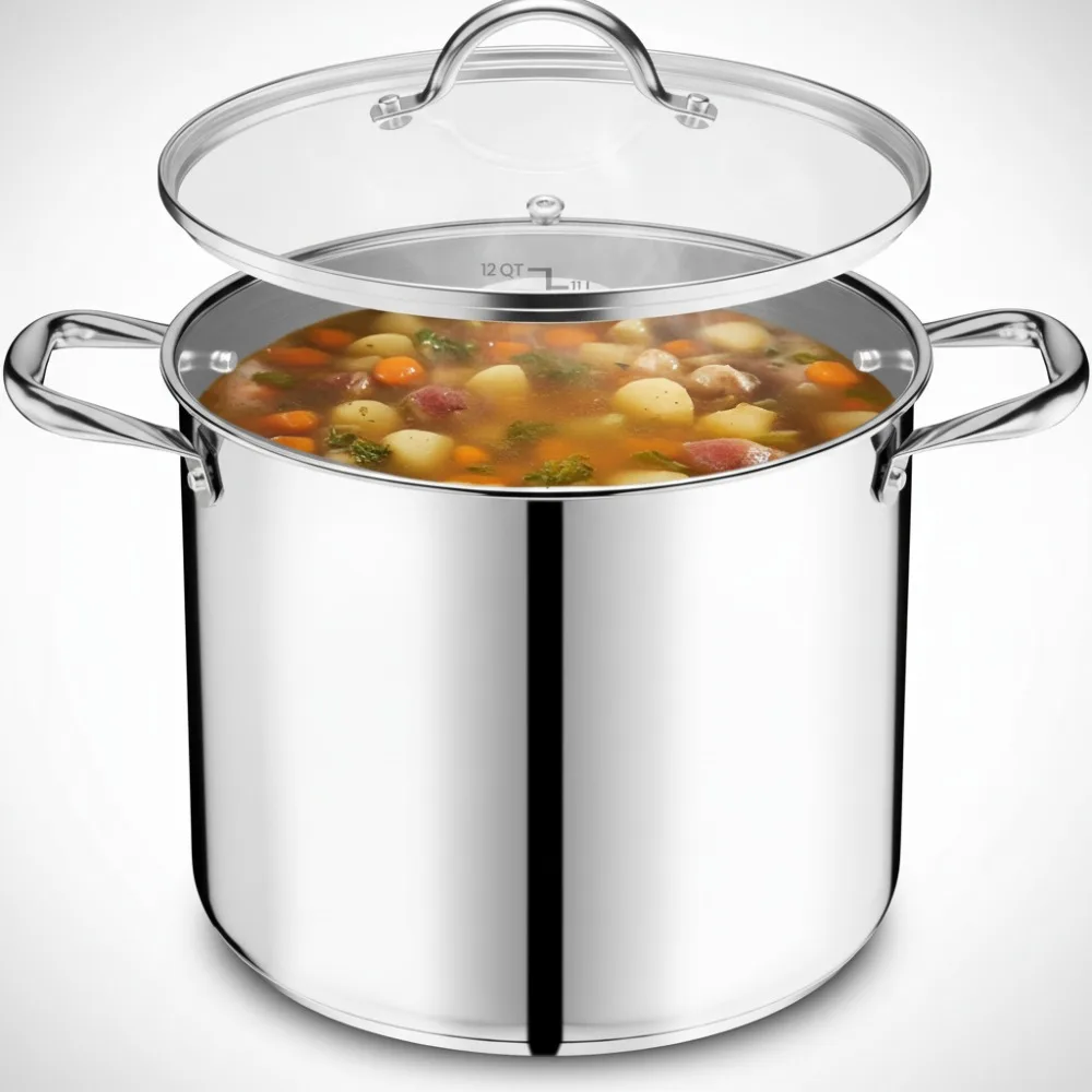 

Premium 12 Quart Stainless Steel Stockpot with Glass Lid - Even Heating, Oven Safe for Home Cooking