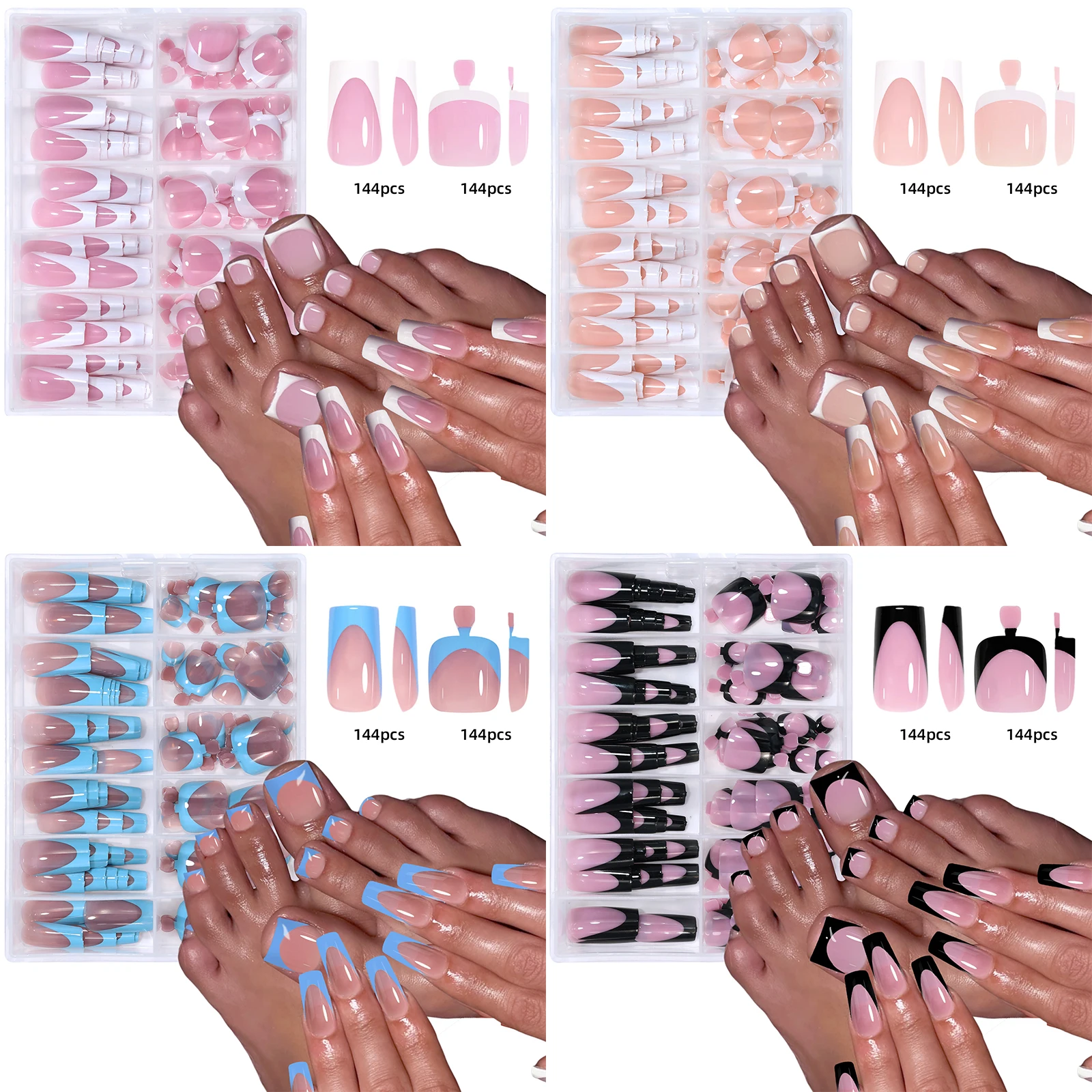144-teiliges französisches Hand- und Fußnagel-Set, Sommer, kurze, quadratische, glänzende künstliche Zehennägel, Acryl, vollständige Abdeckung, geeignet für Nagelstudios – Detail 7