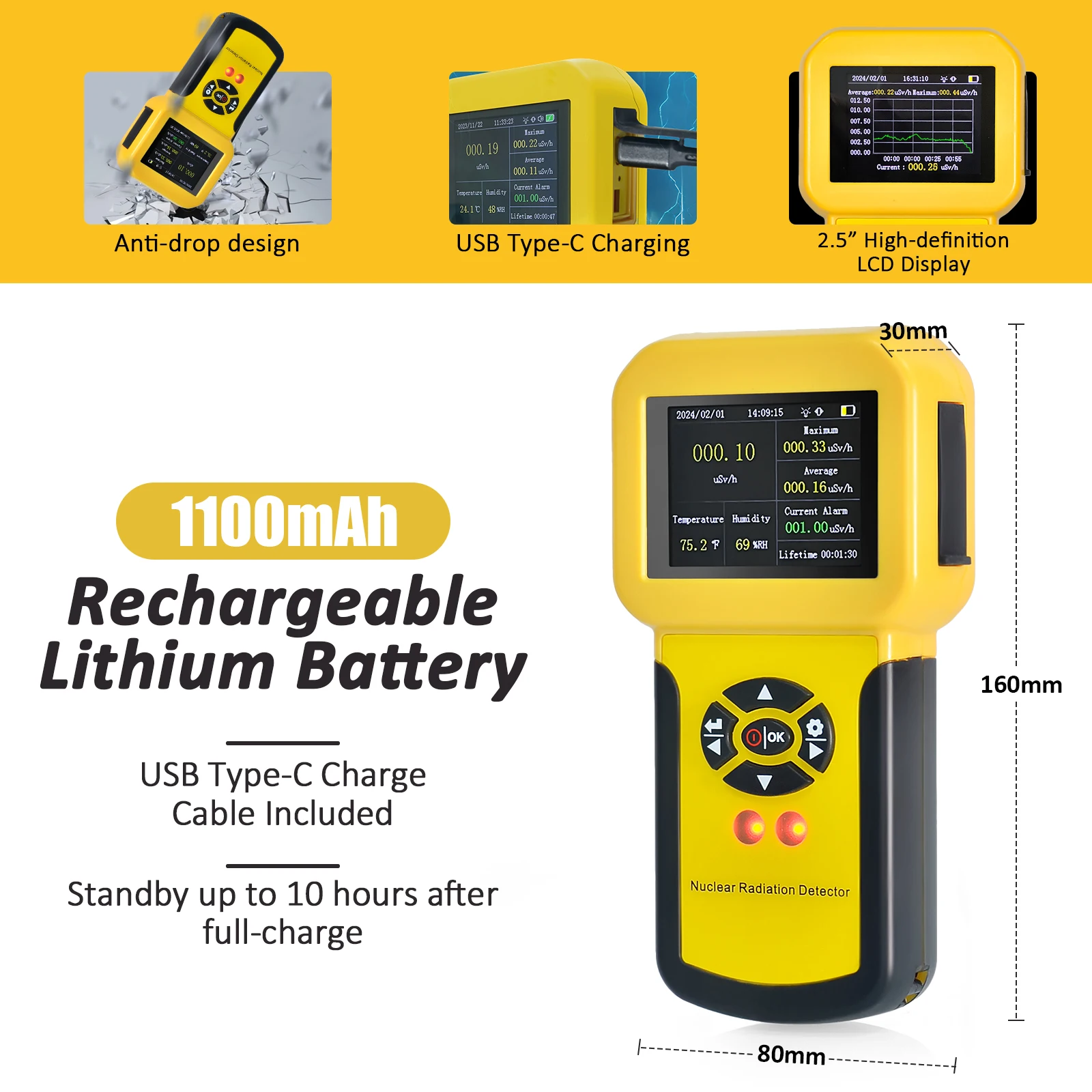 Portable Geiger Counter Radiation Detector for Gamma Beta X-Ray, 0-10000µSv/h, LCD Display, Sound/Light/Vibration Alarm, 1100mAh
