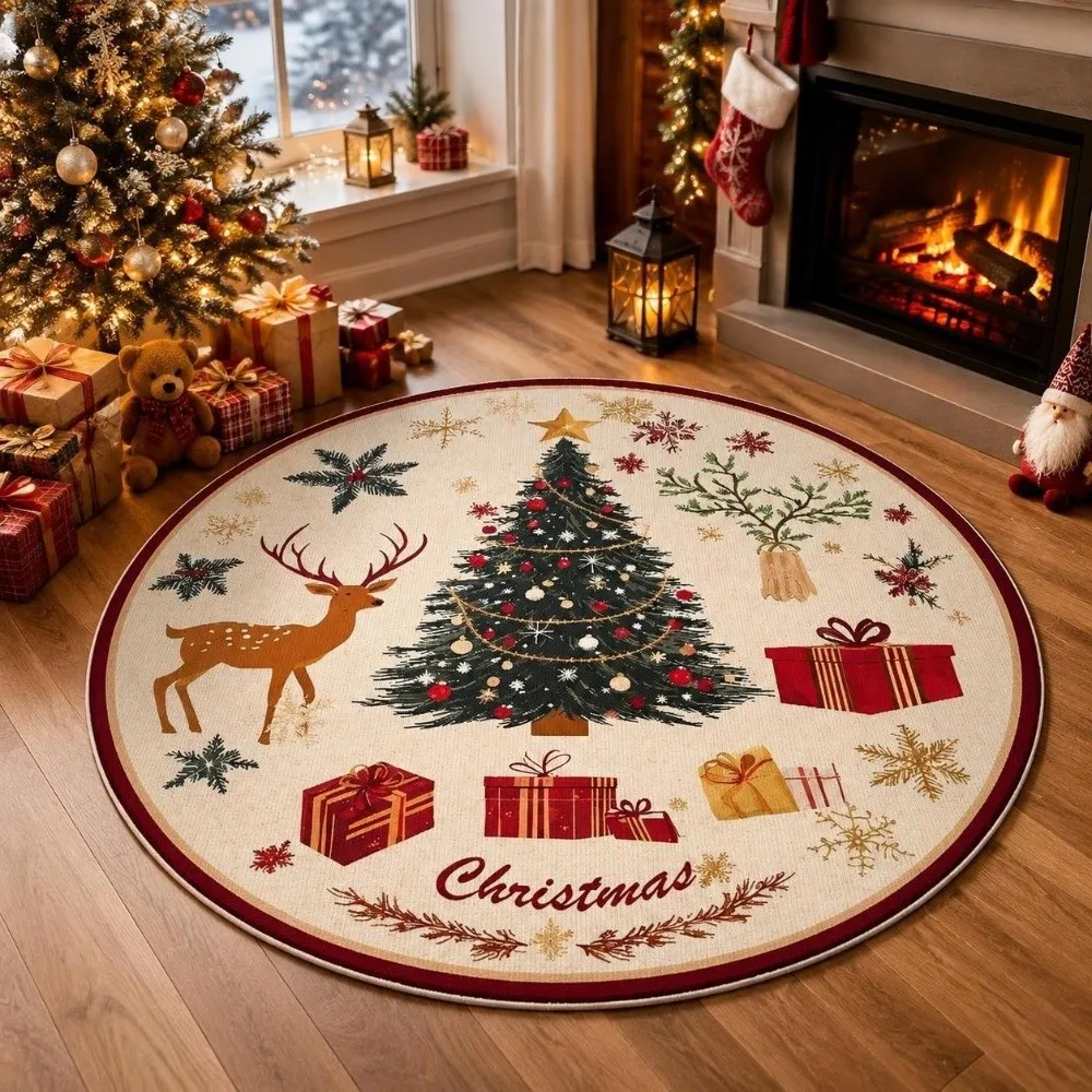 Home Decor 2D Flat Printed Christmas Rug Reindeer Tree Xmas Home Decor Santa Claus Floor Mat Round Carpet Home Decor