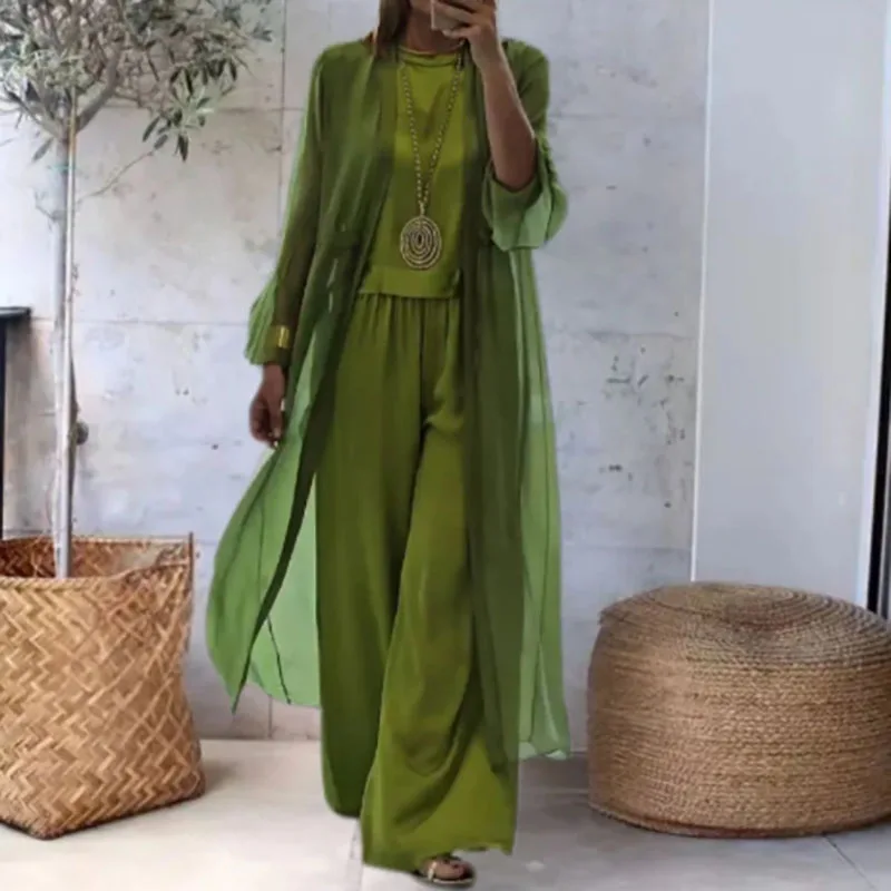 Autumn Solid Women Three Piece Outfits Elegant O Neck Top Pullover+Long Cardigan+Wide-leg Pant Sets Spring Straight Leisure Suit