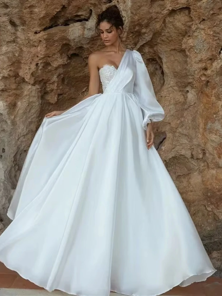 

Simple A Line Wedding Dresses for Women One Shoulder Long Puff Sleeves Floor Length Bride Gowns Vestido De Novia