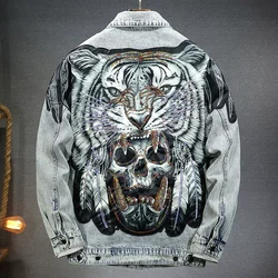 Men's Cyberpunk Denim Jacket Vintage Washed Tiger Skull Bone Harajuku Destroy Heavy Metal Streetwear Motorcycle Jeans Jacket Men