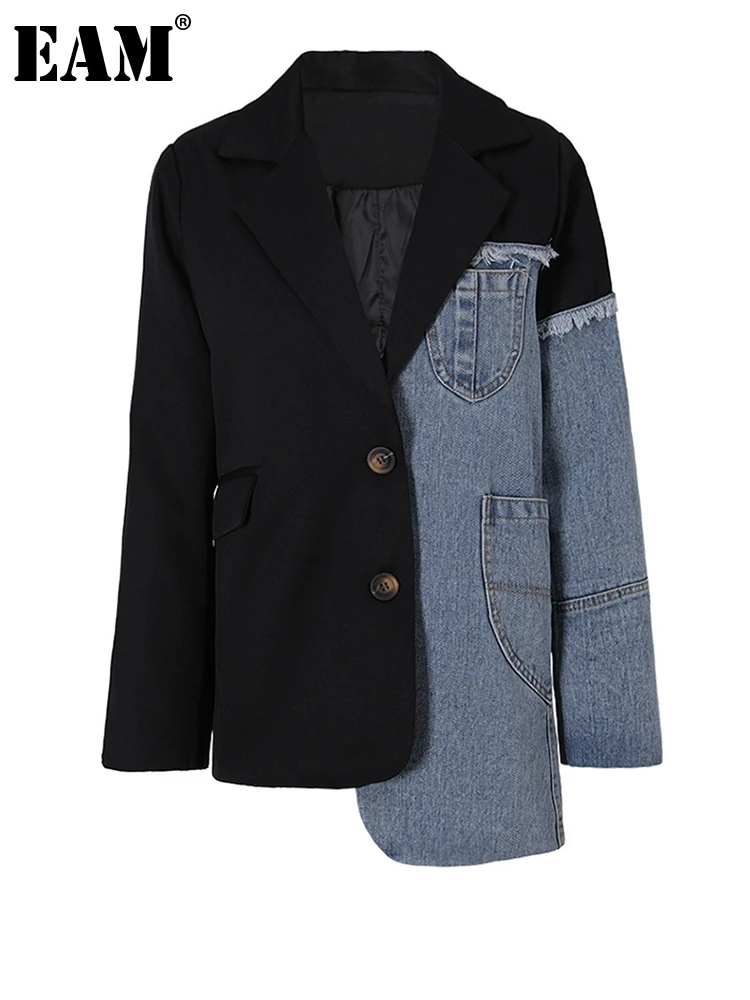 [EAM] chaqueta informal Irregular de mezclilla azul para mujer, chaqueta holgada de manga larga con solapa nueva, tendencia de moda para primavera y otoño 2025 1DH 533905