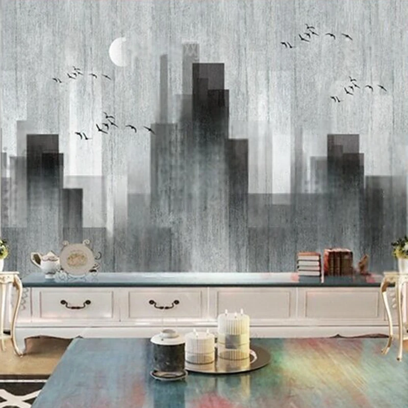 

Modern simple and elegant urban silhouette TV luxurious home decoration bedroom background wall paper