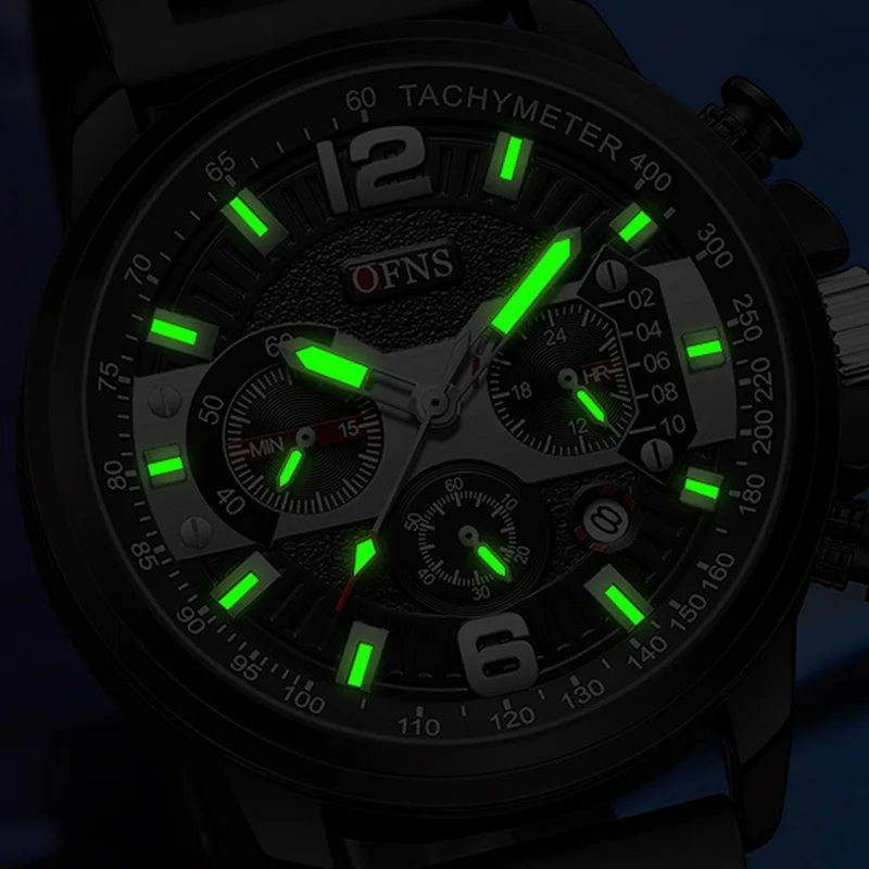 OFNS ธุรกิจผู้ชายนาฬิกาควอตซ์นาฬิกาข้อมือโครโนกราฟแฟชั่นชายสแตนเลสส่องสว่างกันน้ําปฏิทินนาฬิกาสําหรับผู้ชาย