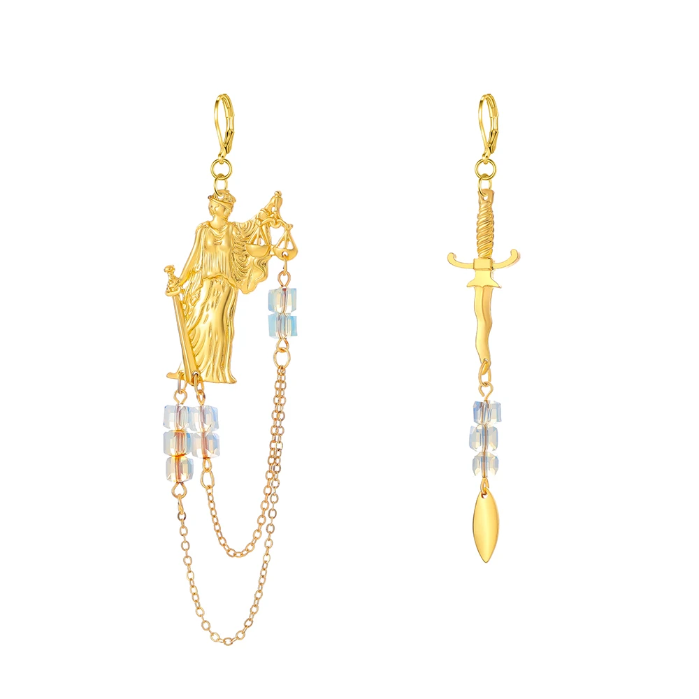 Asymmetrical Themis Justice Sword Drop Earrings Gold Tone Chain Aurora Crystal Bead Lever Back Gothic Mythology Dangle Jewelry