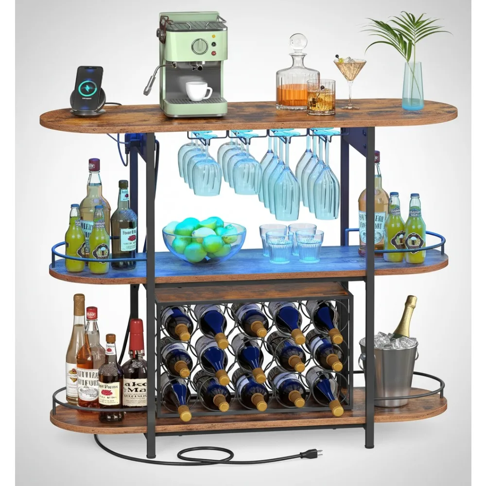 

Светодиодный барный шкаф с розетками, отдельно стоящей винной стойкой и держателем для стекла для домашней кухни, столовой, коричневый в деревенском стиле