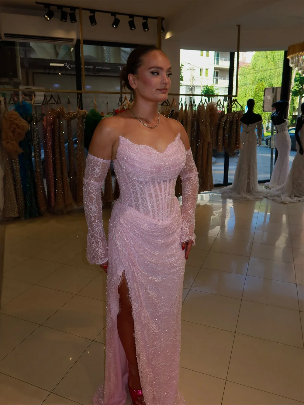 Custom Pink Lace Evening Dress Corset Mermaid Prom Dresses Strapless Vestidos De Noche High Slit Formal Evening 2026 New