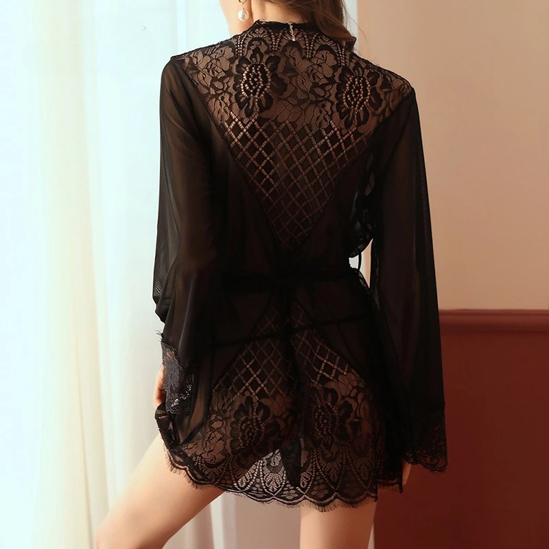 

Pajamas Summer Women's Chiffon Perspective Nightgown Lace Splicing Beautiful Back Sexy Bathrobe Nightwears for Ladies Sleepwear
