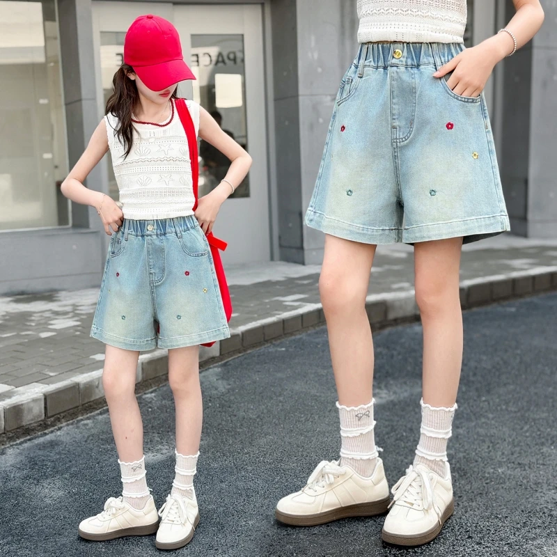 Girls Summer Denim Shorts Colorful Flower Embroidery Casual Loose Wide Leg Jeans Elastic Waist For Kids 6-16Y Easy Care