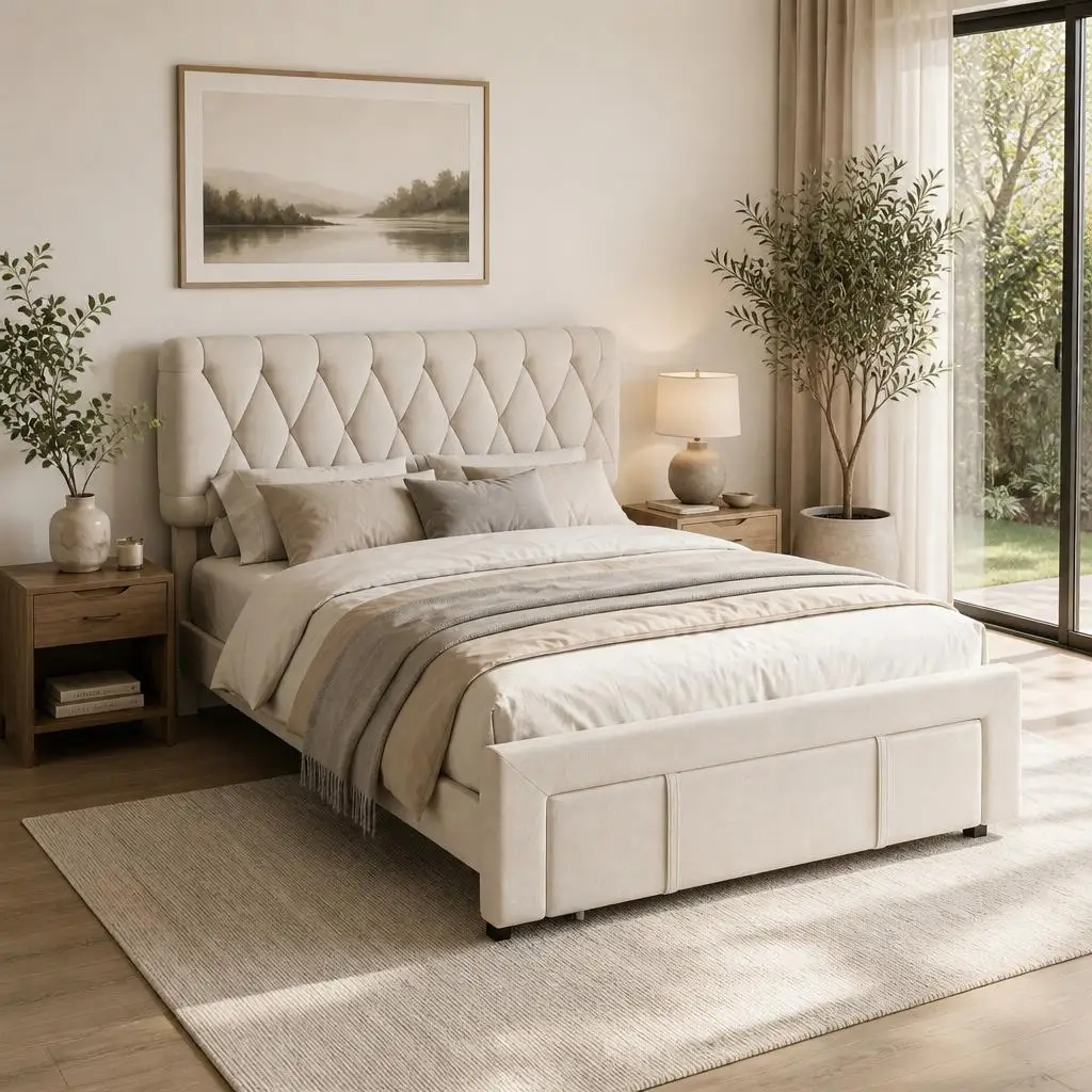 Upholstered Platform Bed Frame with 4 Storage Drawers, Tufted Diamond Headboard,  Wood Slat Support, No Box Spring Needed, Easy Assembly, White (Twin Size)