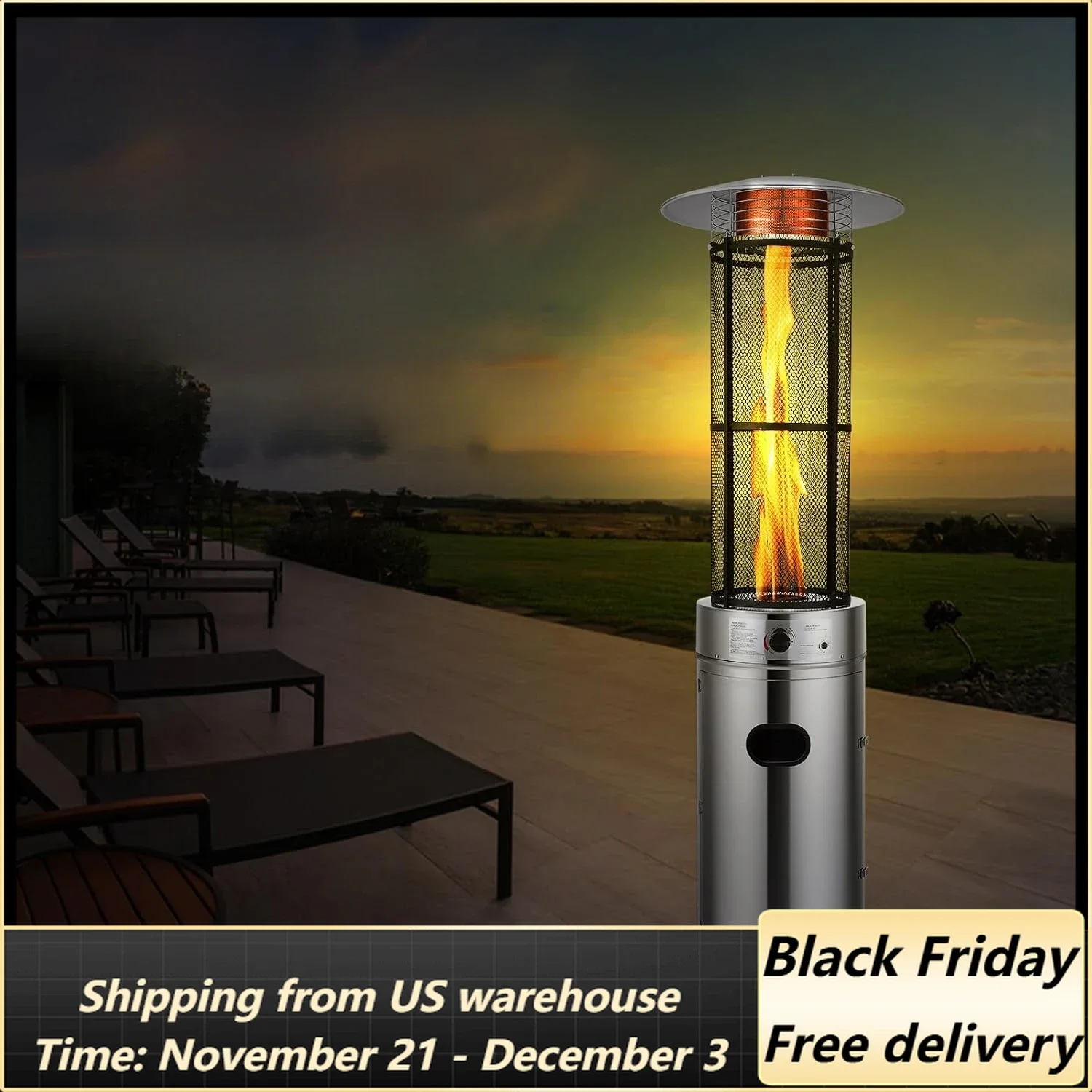 Propane Patio Heater, Floor-Standing Electric Heater w/Wheels, Dancing Flame, Quartz Glass Tube, Stainless Steel, Round