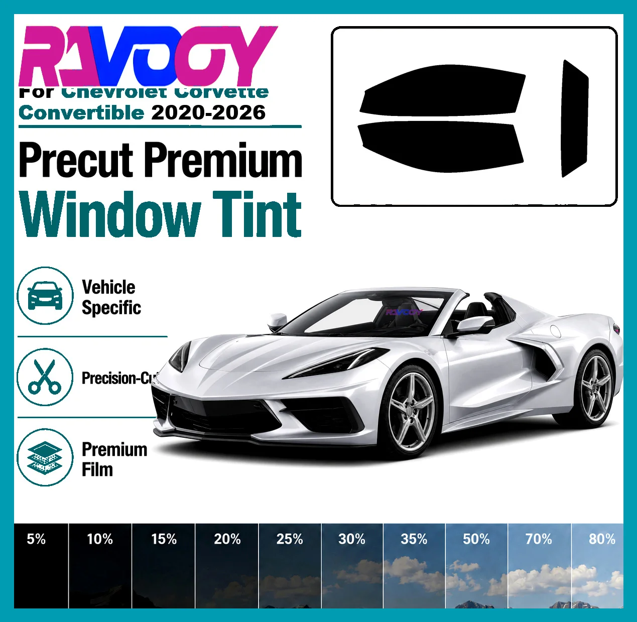 RAVOOY Precut Window Tint Film Vehicle-Specific Full Kit Front & Rear Windows For Chevrolet Corvette Convertible 2020-2026