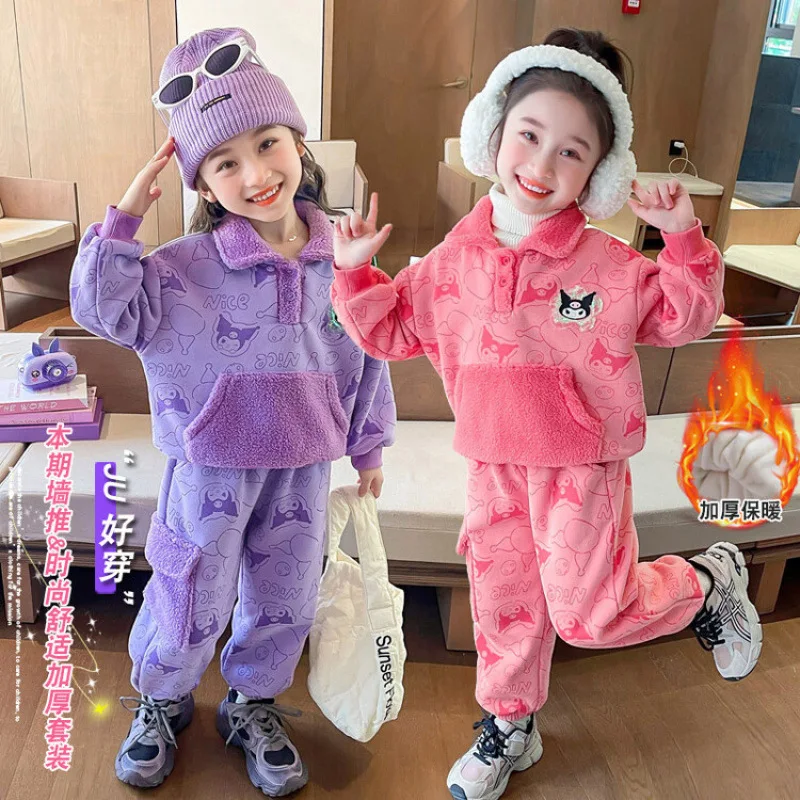 

New Sanrio Children Winter Plush Sets Baby Kuromi Hoodies Girls Clothing Autumn Kids Long Sleeve Sweatshirt Pants Casual Outfit