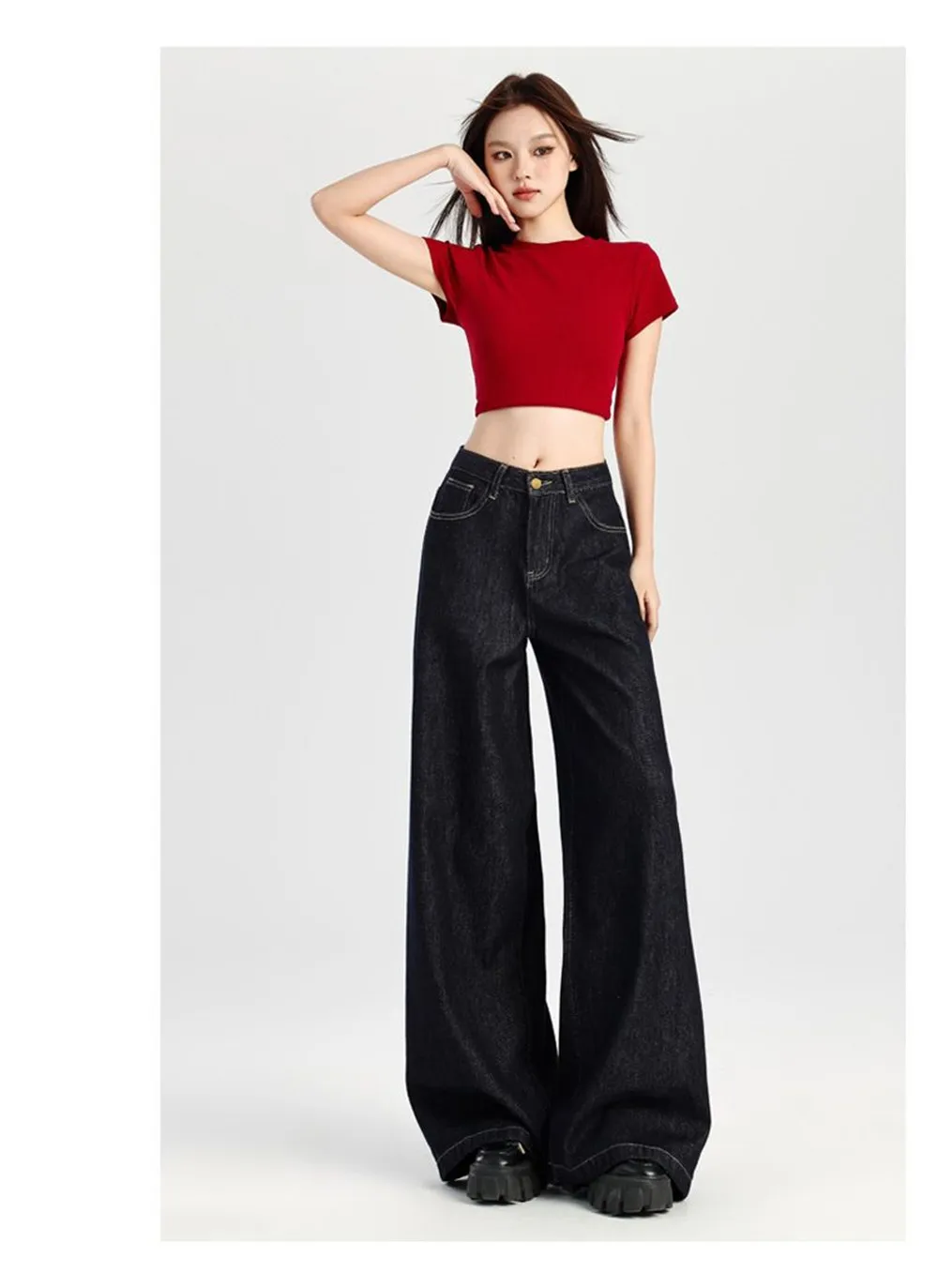 

Женские темно-синие широкие джинсы в стиле ретро, новинка весны и осени 2023 года, утягивающие свободные брюки с высокой талией и прямыми штанинами в пол