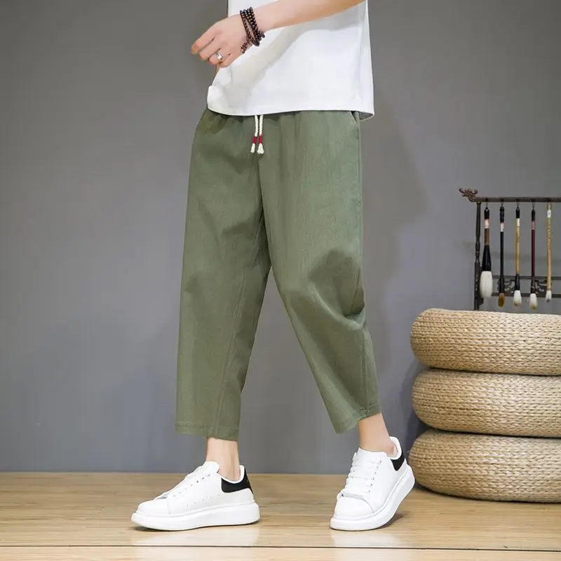Men's Black Elastic Waist Drawstring Cropped Pants Loose Casual 9-Point Trousers Comfortable Daily Streetwear Bot