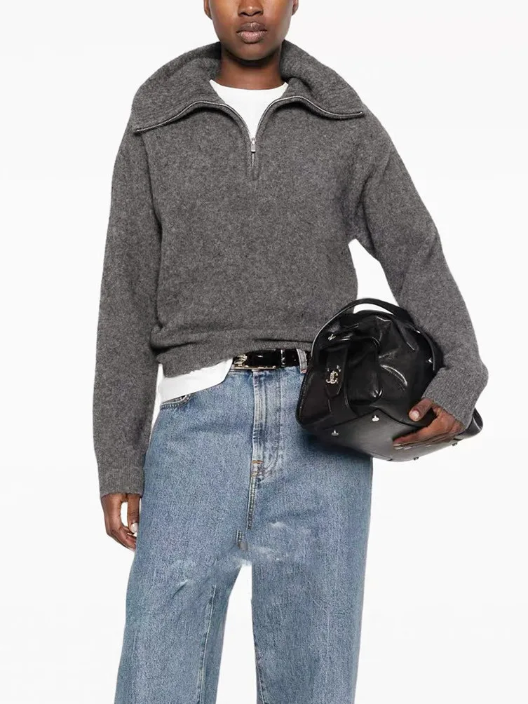 High-End Fashion Knitted Sweater Long Sleeve Half Zipper Turn-down Collar Short Style Autumn Winter Women's Premium Version