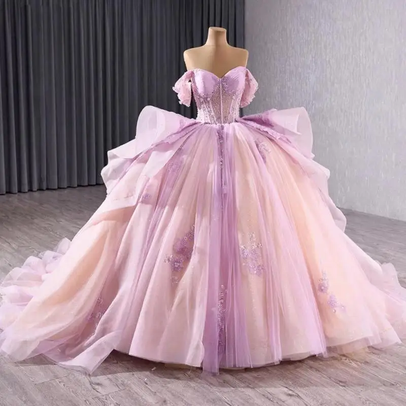 

Customized Pink Quinceanera Dresses Ball Gown Off The Shoulder Sequin Applique Lace Beading Crystal Tull Party Birthday Sweet 16