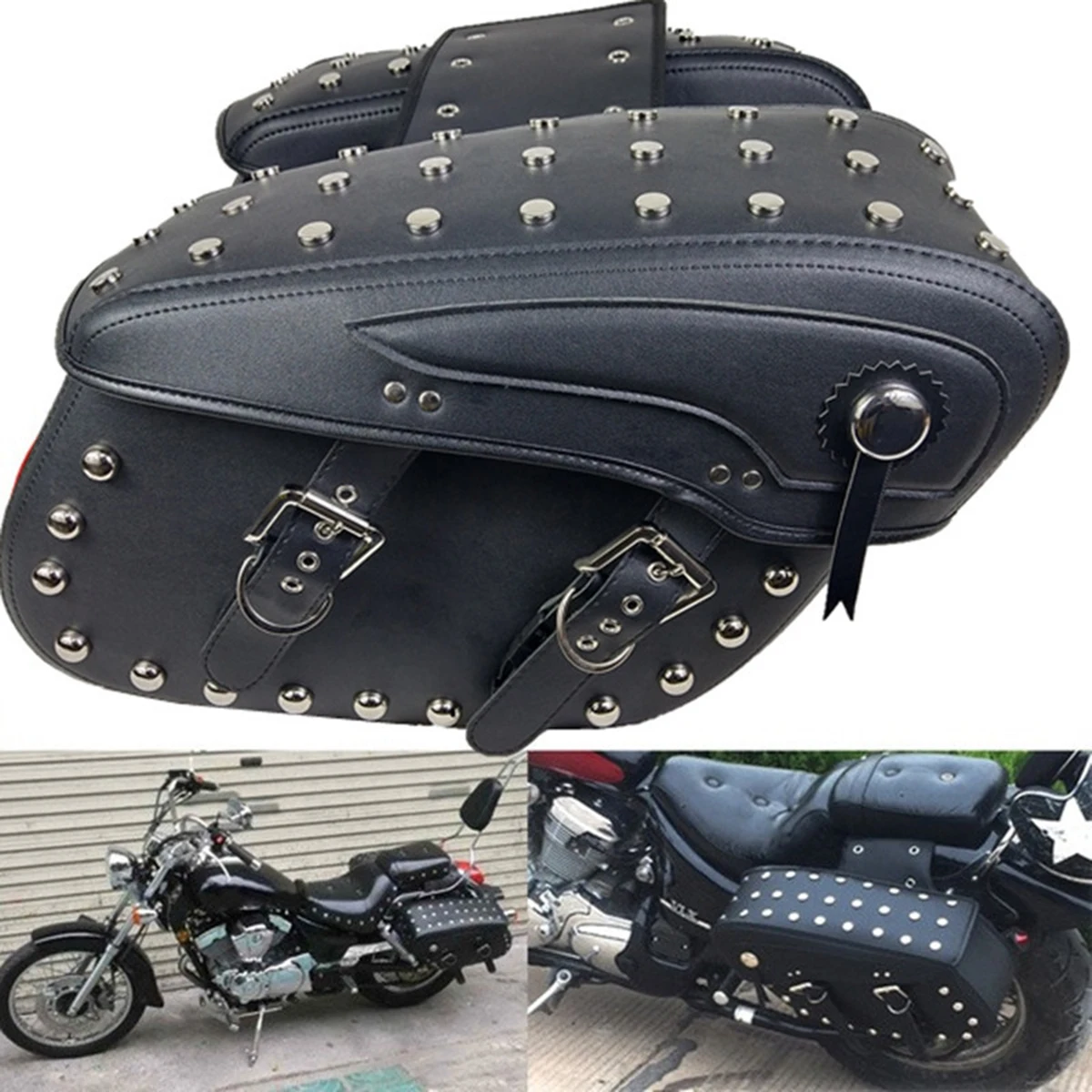 

Pair Motorcycle Black Saddle Bag Rivet Bag Large Capacity Luggage Bag For Harley Touring Universal SaddleBag