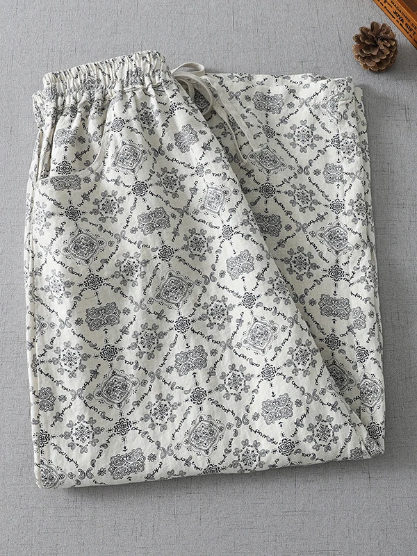 Retro Cotton Linen Floral Wide Leg Pants Women Summer Thin Small Size Ageless Versatile Slimming Linen Straight Casual Pants