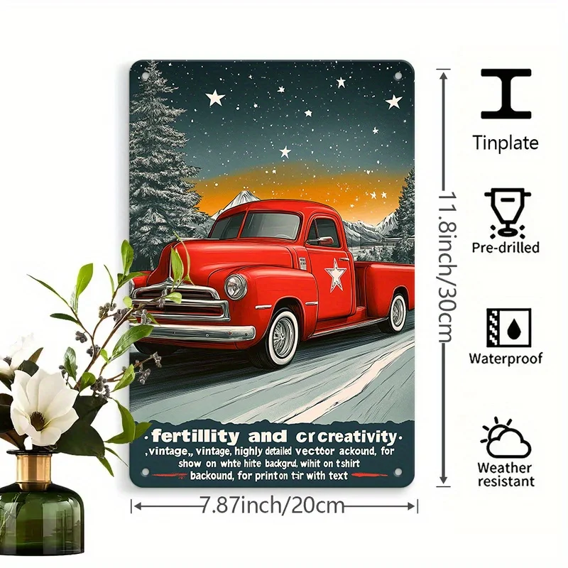 Vintage Iron Wall Art - Retro Red Pickup Truck with Snowy Mountain & Starry Night Design, High-Resolution Print for Living Room,
