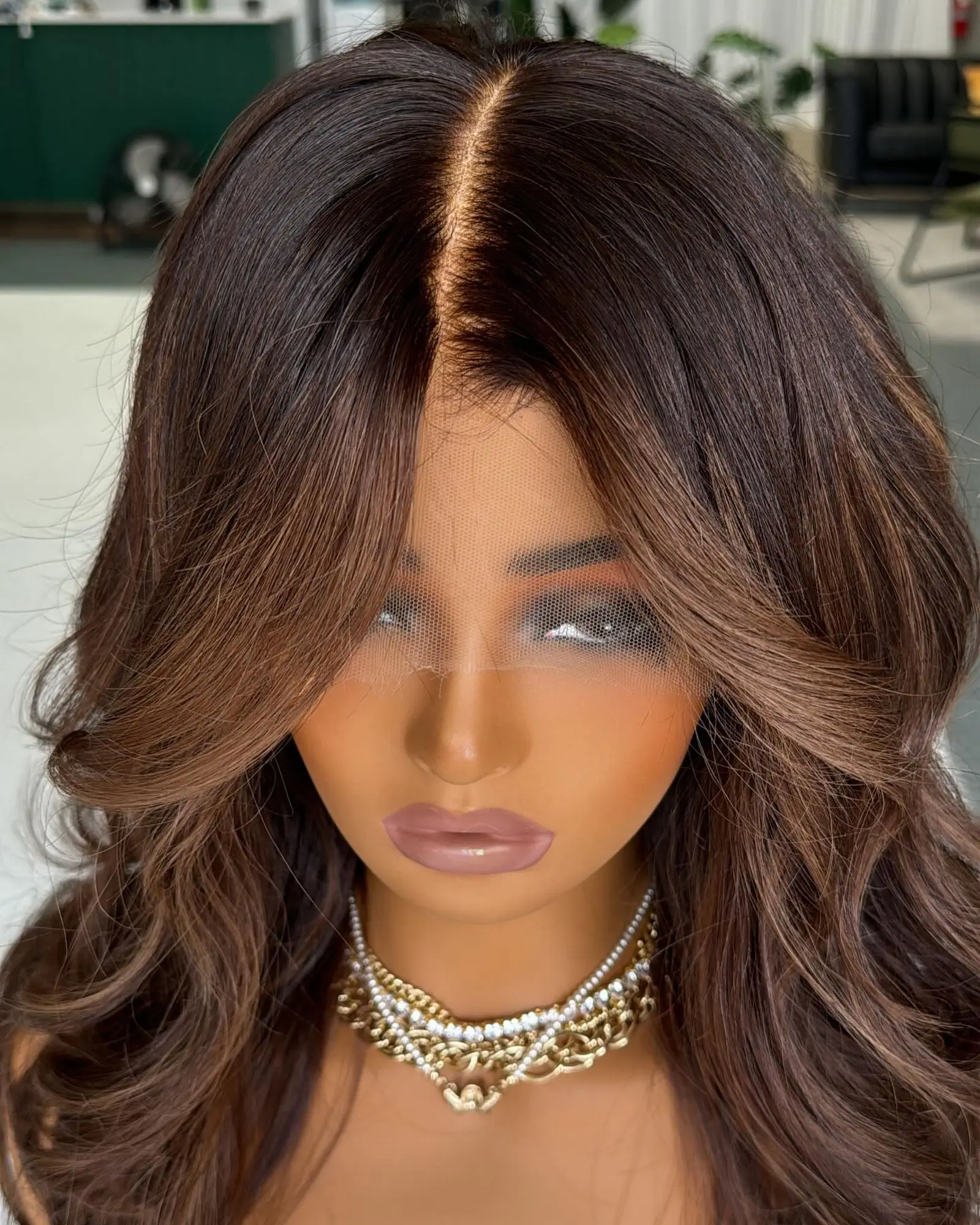 20”Natural Body Wave Wig 13x4 Chocolate Brown Highlights Synthetic HD Lace Front Wig Glueless Wig For Women High Quality Fiber