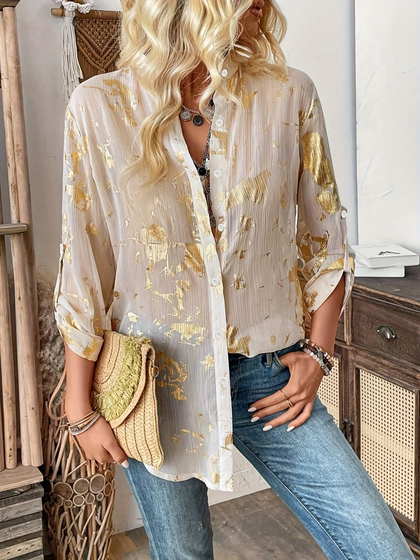 Women Vintage Gold Foil Abstract Print Sheer Blouse, Lapel Collar 3/4 Roll Sleeve Button Down Shirt