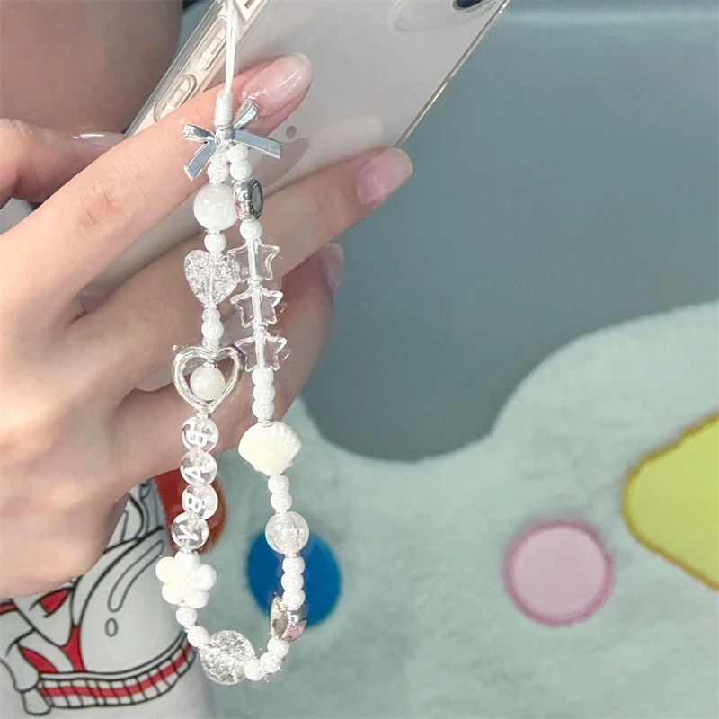Korean Cute Clear Star White Flower Beaded Phone Chain Charm Lanyard For iPhone 15 CCD Camera Hanging Rope Girl Jewelry Pendant