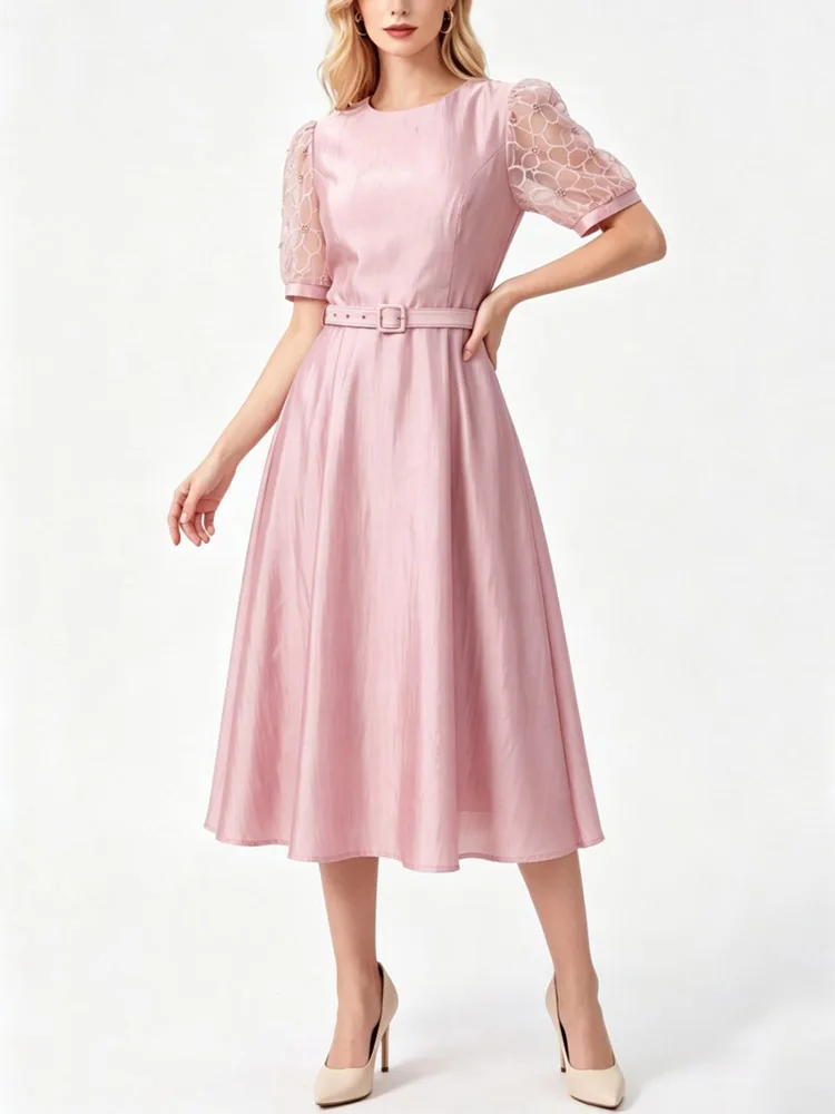 JUNLINNA Vestido de Verano para Mujer, Cuello Redondo, Manga Corta Abullonada, Diseño Hueco con Cuentas, Vestido de Fiesta/Noche, con Lazos en la Cintura, Ajustado