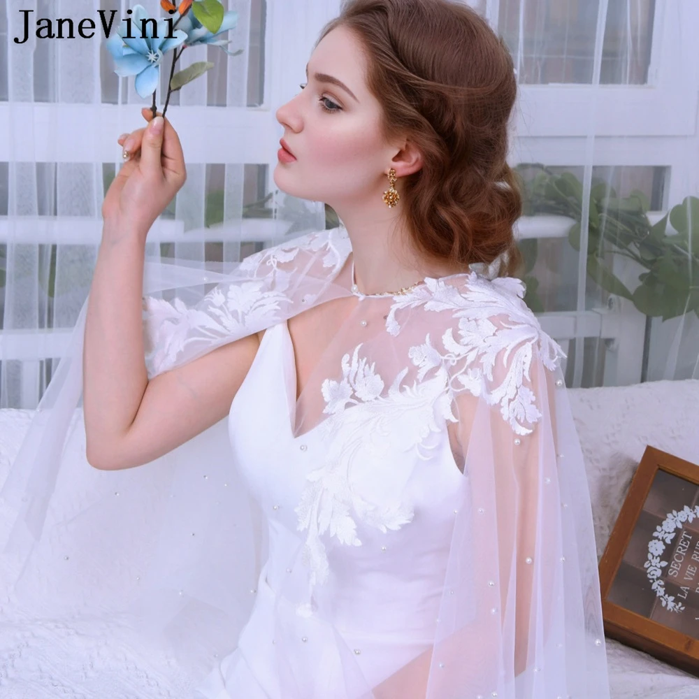 

JaneVini Hot Selling Women Lace Shrug Bridal Wraps Bolero Damen Pearls Tulle Bride Jacket Wedding Shawl Cape Mariee Evening Coat