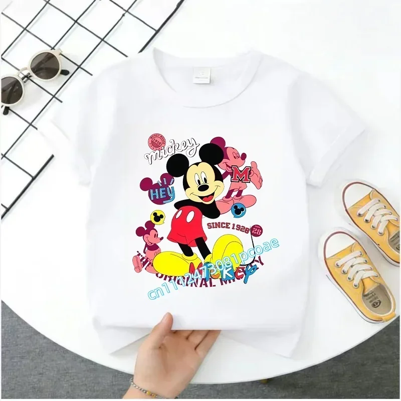 2026 Boys Girls Short-sleeved Printed T-shirt Disney Mouse Cartoon Children 100% Cotton Soft Breathable Loose Sports Comfortable
